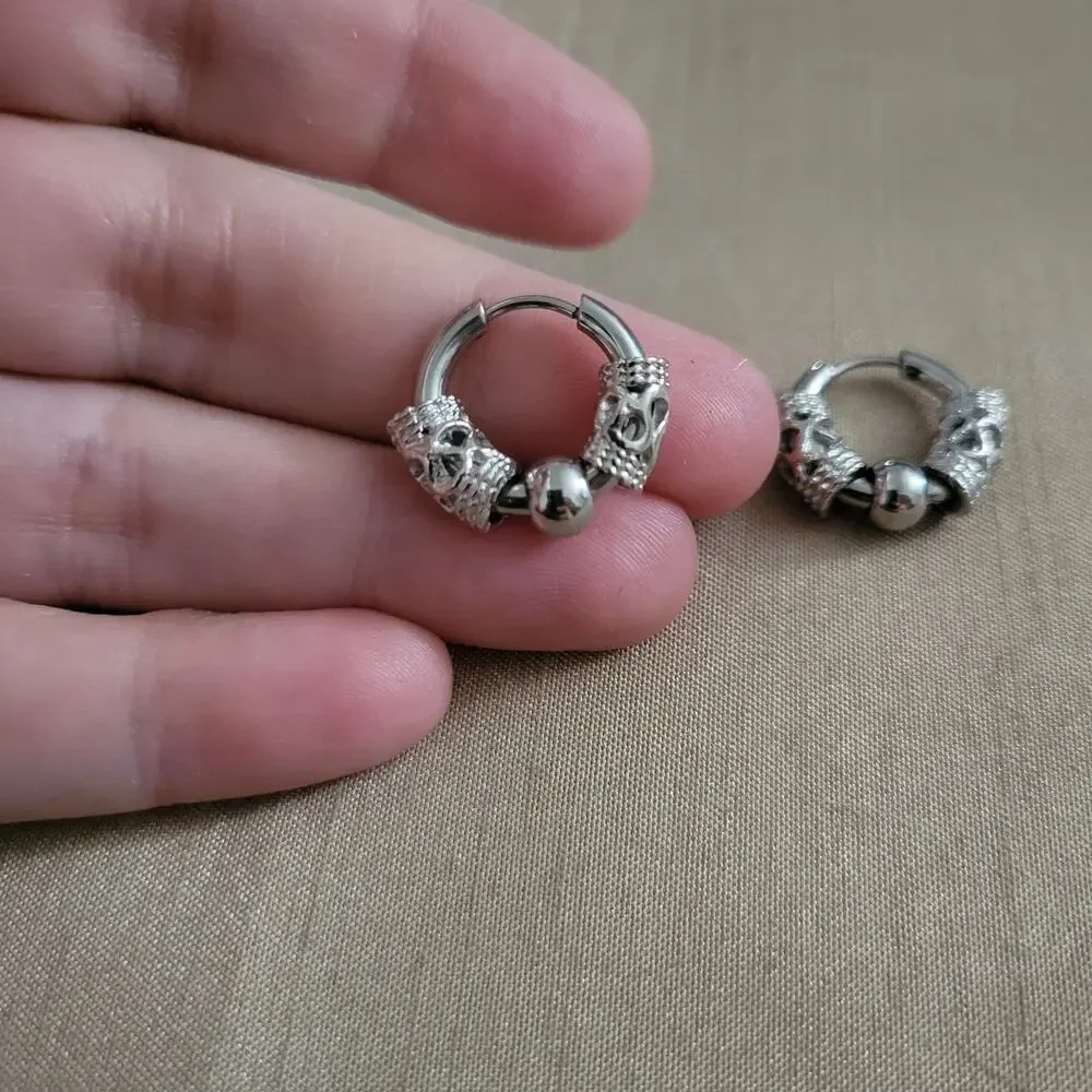 Men's silver stainless steel 10mm  ball charm filigree mini hoop earrings